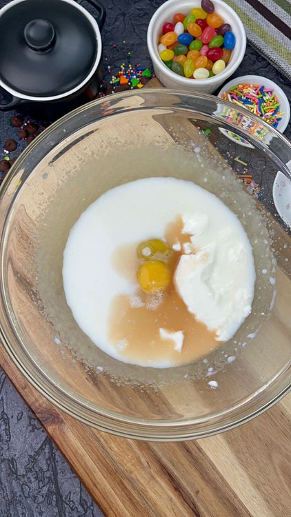 Step 1.1: Add egg, milk, thick yogurt, and vanilla extract