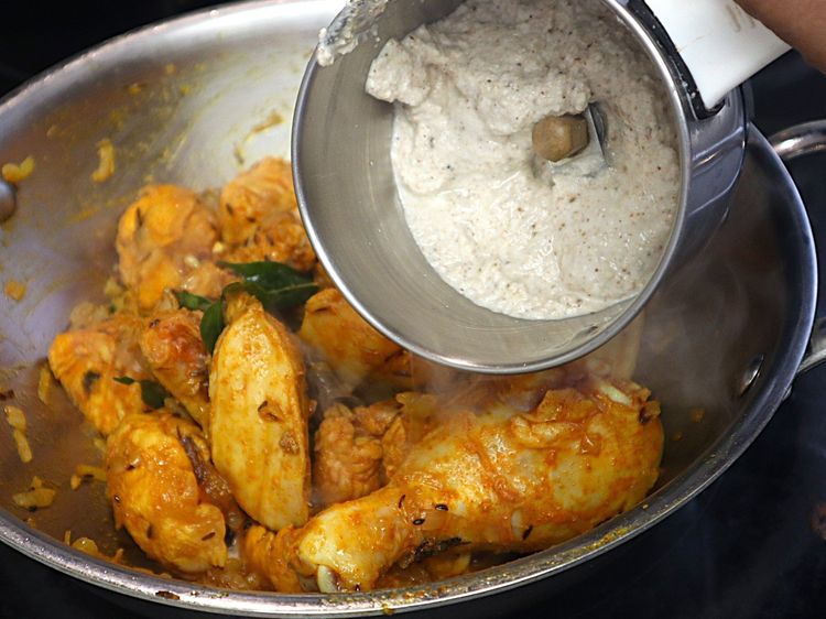 Step 1.1: Add the freshly ground masala paste, red chilli powder, and turmeric powder