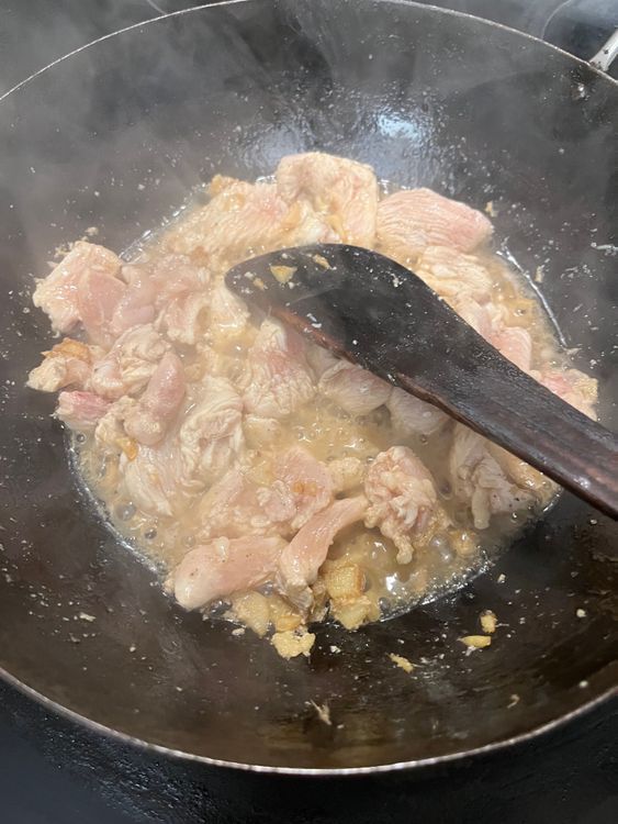 Step 3.1: Add the marinated chicken and cook on medium heat for 6–8 minutes until fully cooked and slightly golden
