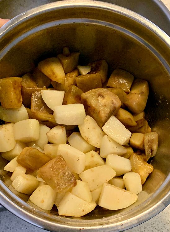 Step 1.3: In the same wok, add 1 tbsp of oil and saute the cubed potatoes until they become golden on the edges