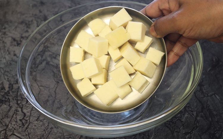 Step 1.1: In a large bowl, take paneer cubes, turmeric, chilli powder, ginger garlic paste, and salt