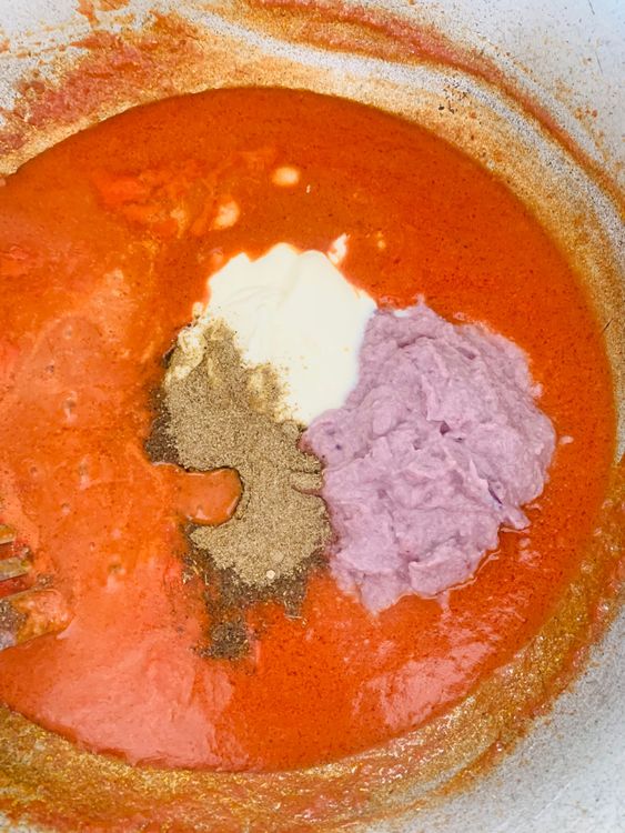 Step 3.1: Add the cream, chaat masala, and the onion-almond paste and salt to taste