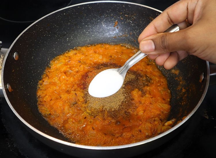 Step 2.6: * Furthermore keeping the flame on low, add ¼ tsp turmeric, 1 tsp chilli powder, 1 tsp coriander powder, ½ tsp cumin powder, ½ tsp garam masala and 1 tsp salt