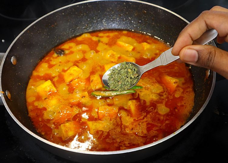 Step 2.2: Add slit Green Chilli, kasuri methi, and coriander