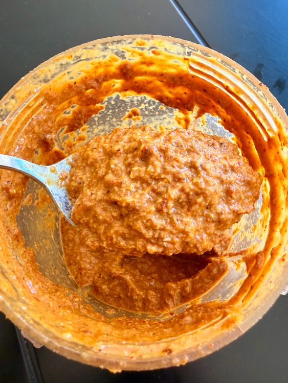 Step 1.2: Blend the roasted spices, roasted garlic-onion, coconut, and tamarind pulp into a smooth paste, adding a little water as needed