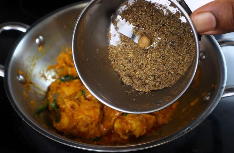 Step 3.5: Add slit green chilies, curry leaves, mint leaves, and the ground masala powder