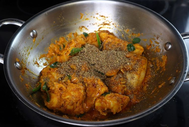 Step 3.6: Add slit green chilies, curry leaves, mint leaves, and the ground masala powder
