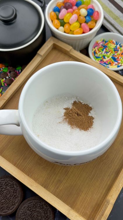 Step 1.1: In a microwave-safe mug, add all-purpose flour, brown sugar, baking powder, salt, and cinnamon