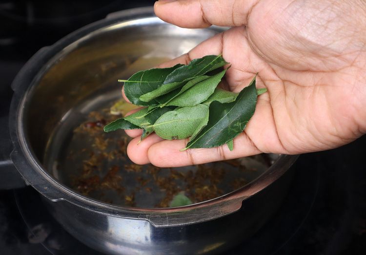 Step 1.1: Add curry leaves and coriander leaves