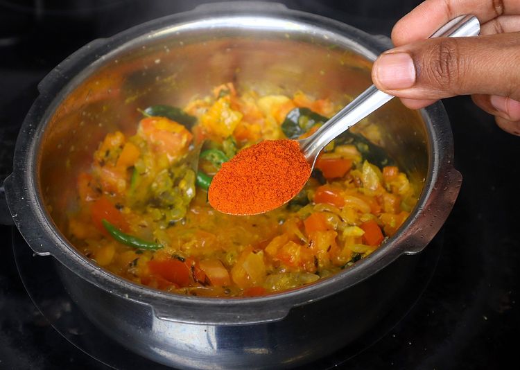 Step 1.1: Add red chilli powder, coriander powder, garam masala powder, and mutton masala powder