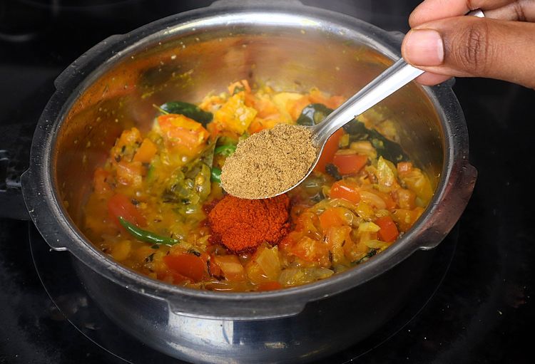 Step 1.2: Add red chilli powder, coriander powder, garam masala powder, and mutton masala powder