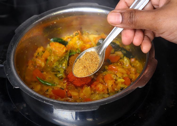 Step 1.4: Add red chilli powder, coriander powder, garam masala powder, and mutton masala powder