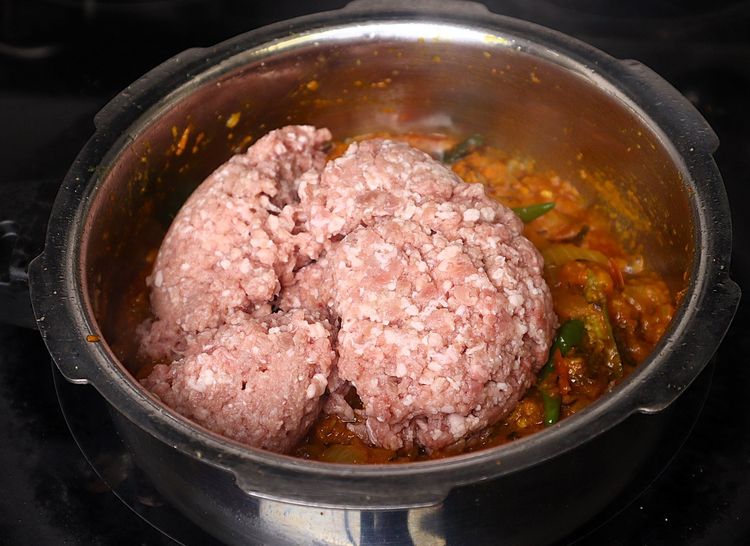 Step 1.1: Add washed and drained keema and roast for a few minutes on medium to low flame