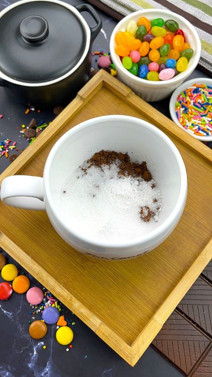 Step 1.1: In a microwave-safe mug, mix oats, cocoa powder, sugar, baking powder, and salt