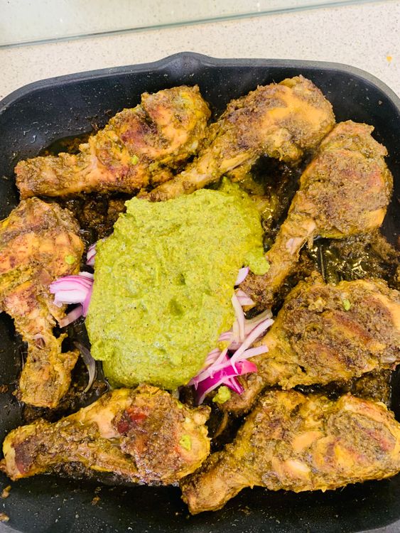 Step 3.1: Add in the remaining green masala paste, mix well, and cook until the chicken is fully tender