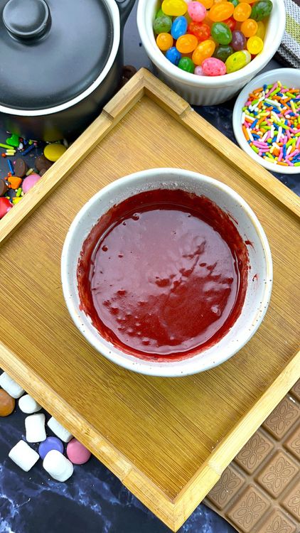 Step 2.1: Add milk, oil, vanilla extract, and red food coloring or beetroot powder
