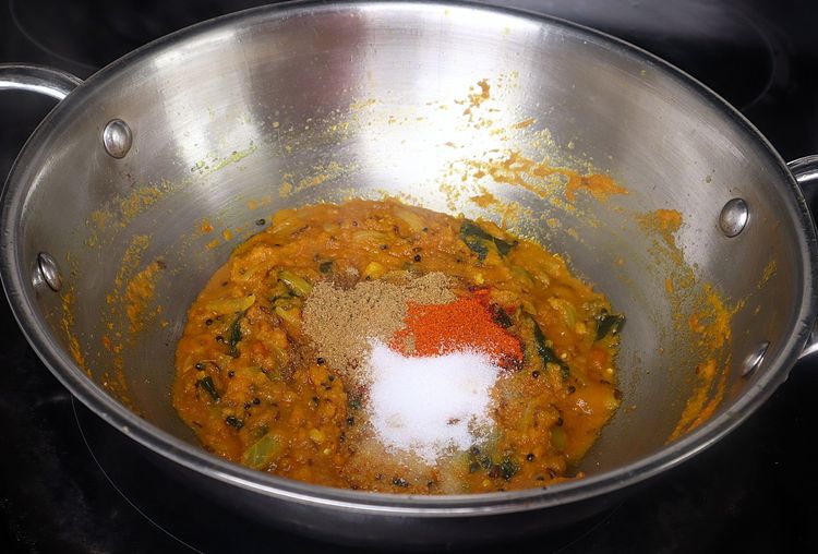 Step 2.5: Add red chili powder, salt, and coriander powder