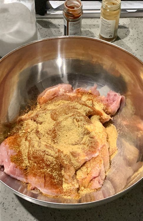 Step 1.1: Add salt, paprika powder, cayenne pepper, onion powder, garlic powder, and vinegar to the bowl