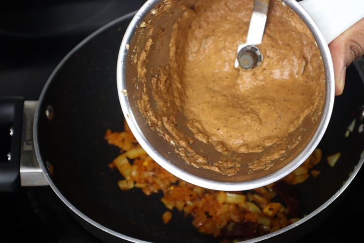 Step 2.1: Add the ground spice paste and sauté until oil separates from the gravy