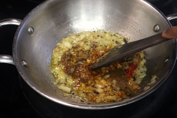 Step 1.5: Add turmeric powder, red chili powder, coriander powder, and cumin powder