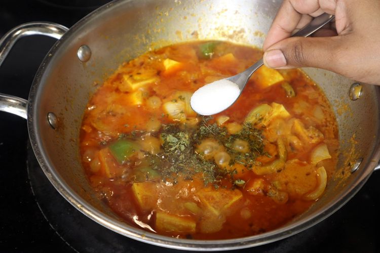 Step 5.2: Add kasuri methi (crush between your palms before adding), garam masala, and salt as needed