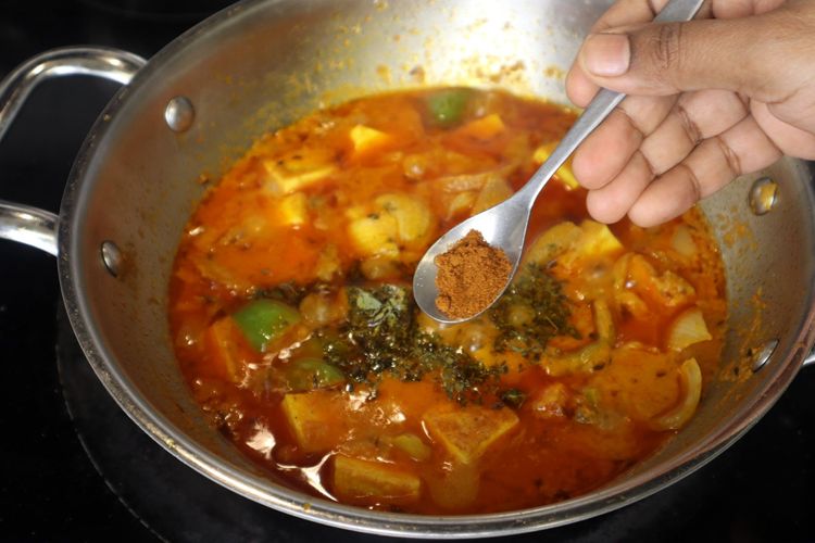 Step 5.3: Add kasuri methi (crush between your palms before adding), garam masala, and salt as needed