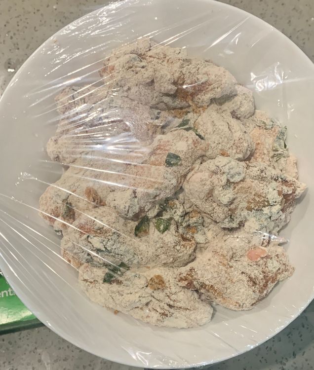 Step 1.1: Place the coated wings on a plate/flat bowl, cover and refrigerate for at least an hour
