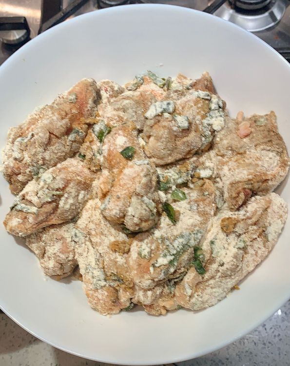 Step 1.2: Place the coated wings on a plate/flat bowl, cover and refrigerate for at least an hour
