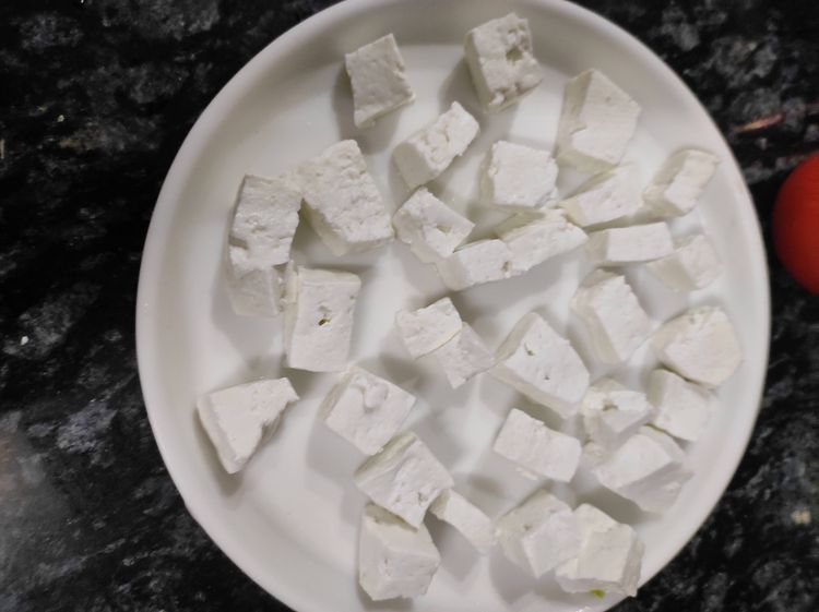 Step 1.1: Cut Paneer , capsicum, onion into cubes of one inch each 
