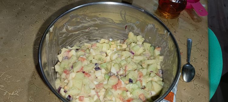Step 4.1: Gently toss everything together to ensure that the vegetables and eggs are evenly coated with the dressing