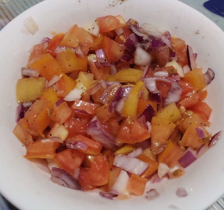 Step 1.1: Mix minced onion, tomatoes, sea salt and ground pepper in a bowl