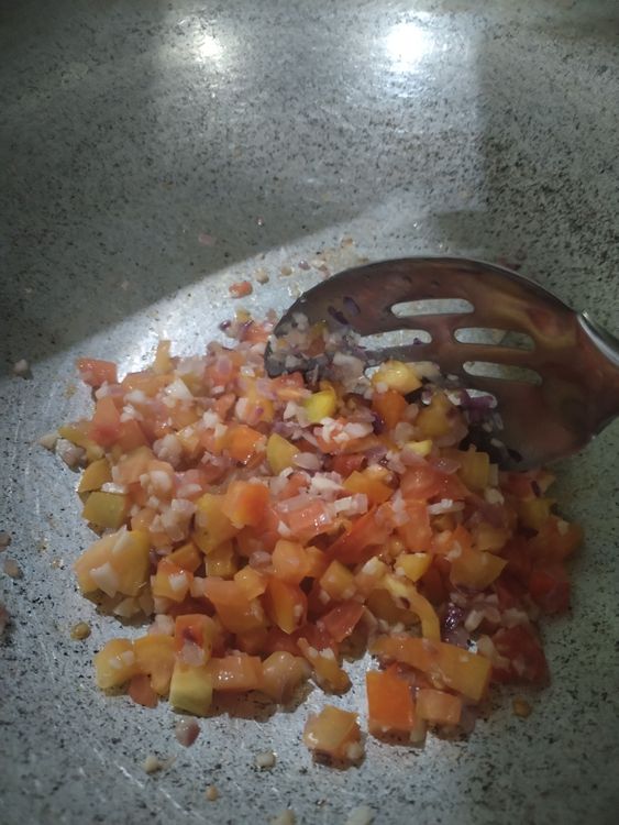 Step 1.1: Sauté onion, garlic, and tomatoes