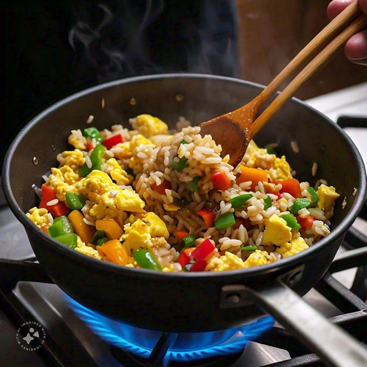 Step 1.1: Add cooked rice and stir-fry for 5-7 minutes, breaking up any clumps