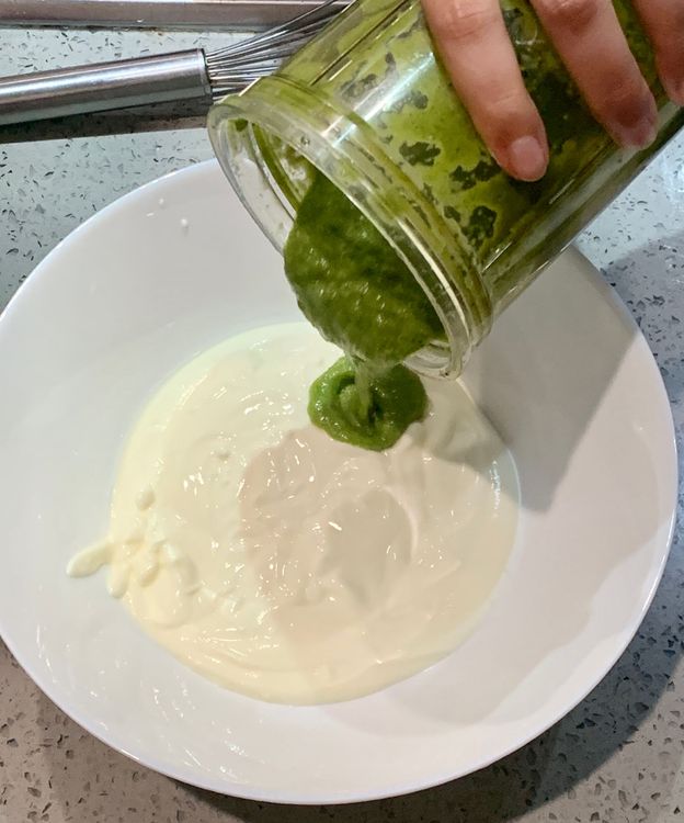 Step 1.1: Add the green paste to the yogurt in a mixing bowl