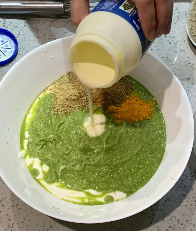 Step 1.1: Add coriander powder, garam masala powder, cumin powder, nutmeg powder, turmeric powder and cream to the yogurt mixture