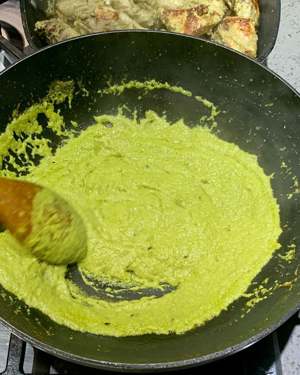 Step 1.2: Add the reserved yogurt-green paste mixture to the wok and mix well
