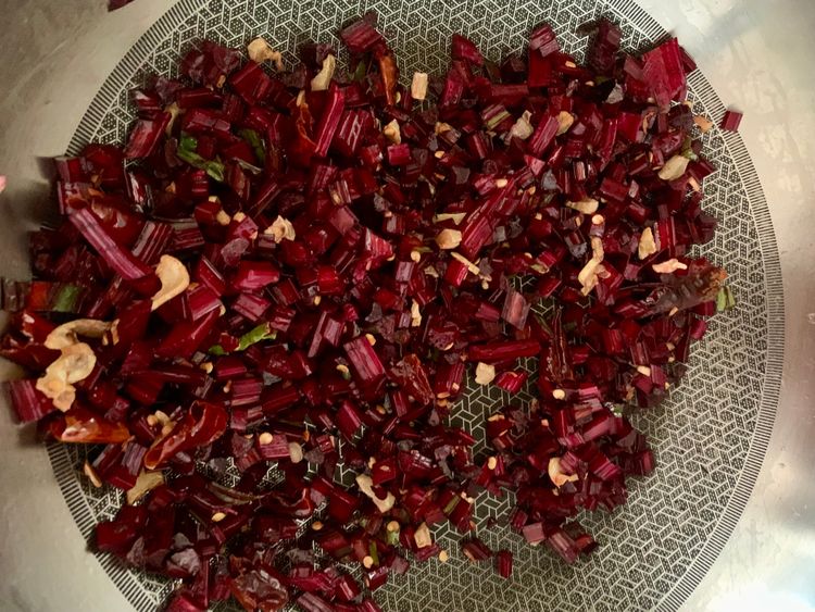 Step 1.1: Add the diced beet stems and sauté for 5-6 minutes, or until they become tender