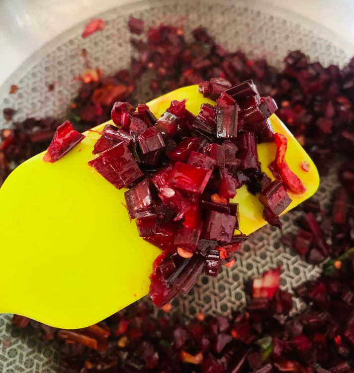 Step 1.2: Add the diced beet stems and sauté for 5-6 minutes, or until they become tender
