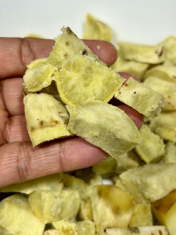 Step 1.1: Allow them to cool slightly, then peel and cut into small bite-sized cubes