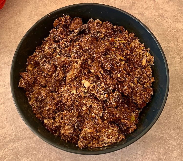 Step 1.2: In a food processor, add the soft dates, toasted nuts, desiccated coconut, olive oil, cinnamon and a pinch of salt