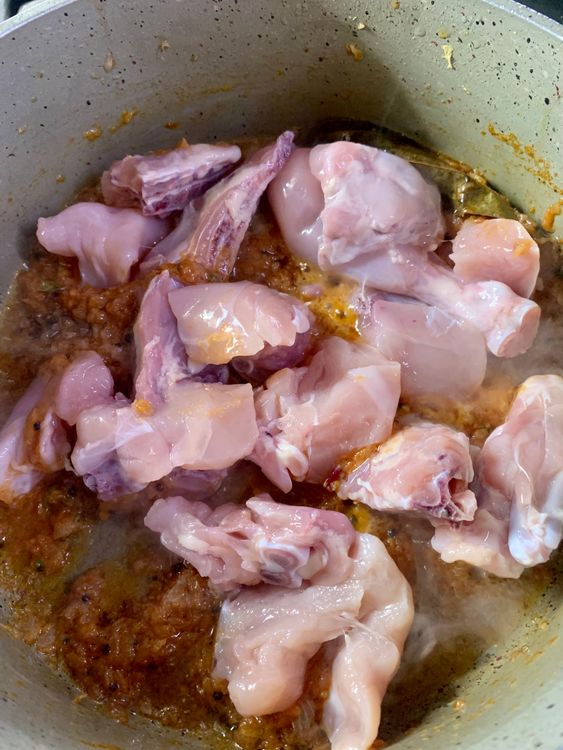 Step 1.1: Add the chicken pieces and cook for 4-5 minutes or until the chicken pieces have lightened in colour