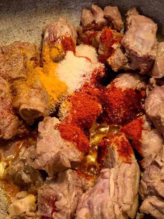 Step 1.1: Add poppy seeds, degi mirch powder, turmeric and salt to the mutton and combine