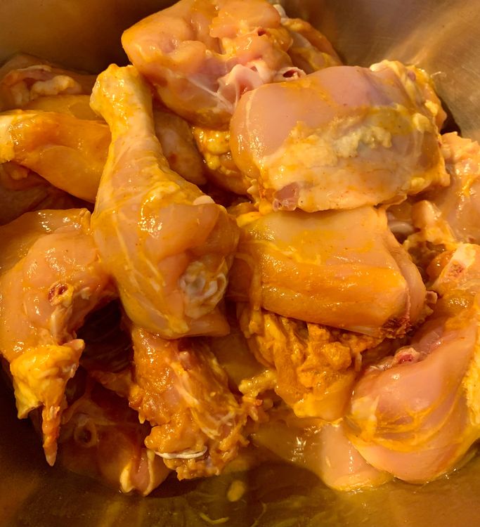 Step 1.1: Marinate the chicken pieces with turmeric, red chilli powder and ½ tsp salt thoroughly and let it rest for 10-15 minutes