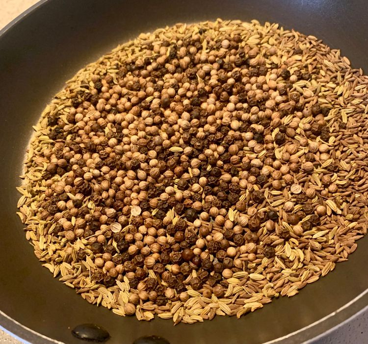 Step 1.1: Dry roast coriander seeds, cumin, black peppercorns and fennel seeds until they release their aroma