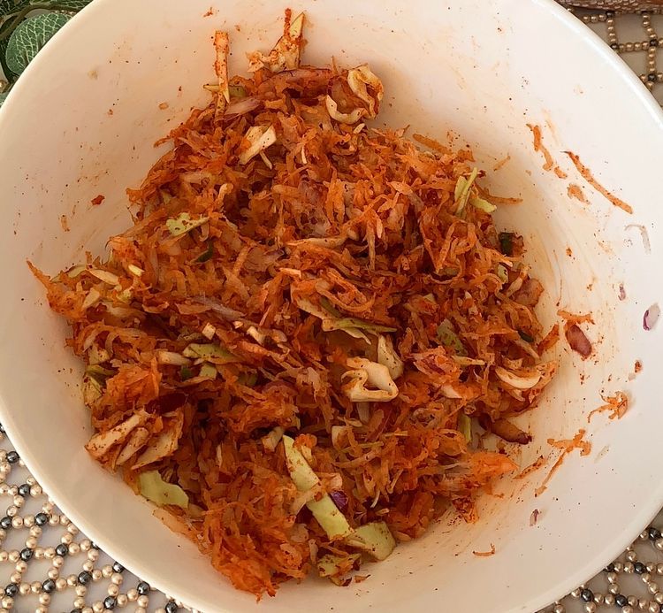 Step 2.1: Add chopped cabbage, green chillies, ginger, ground cumin, and kashmiri chilli powder