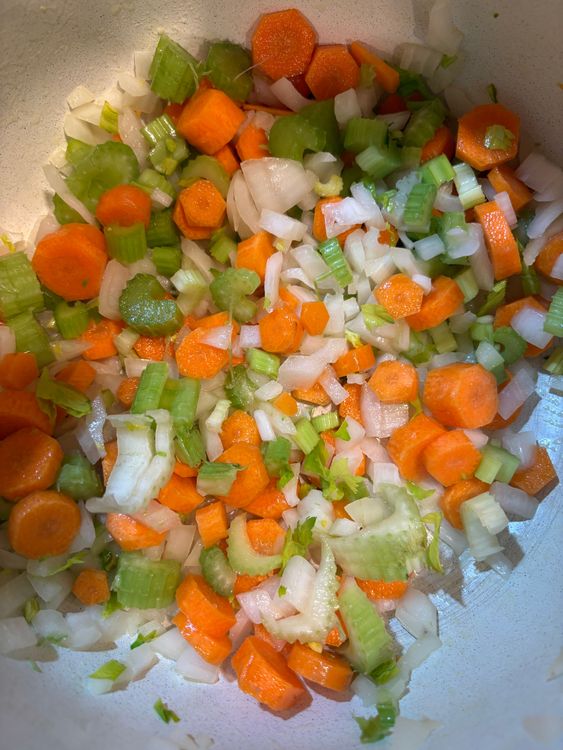 Step 1.1: Chop celery carrot and onion and put in pot with butter and cook until soft about 3 minutes
