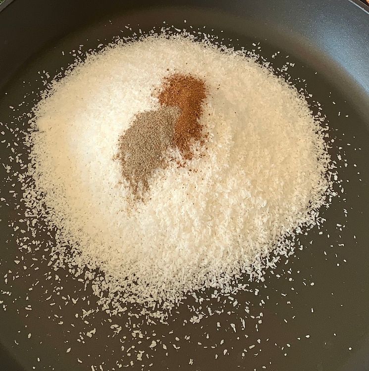 Step 1.1: Dry roast desiccated coconut, cardamom powder and cinnamon powder in a pan over low-medium heat