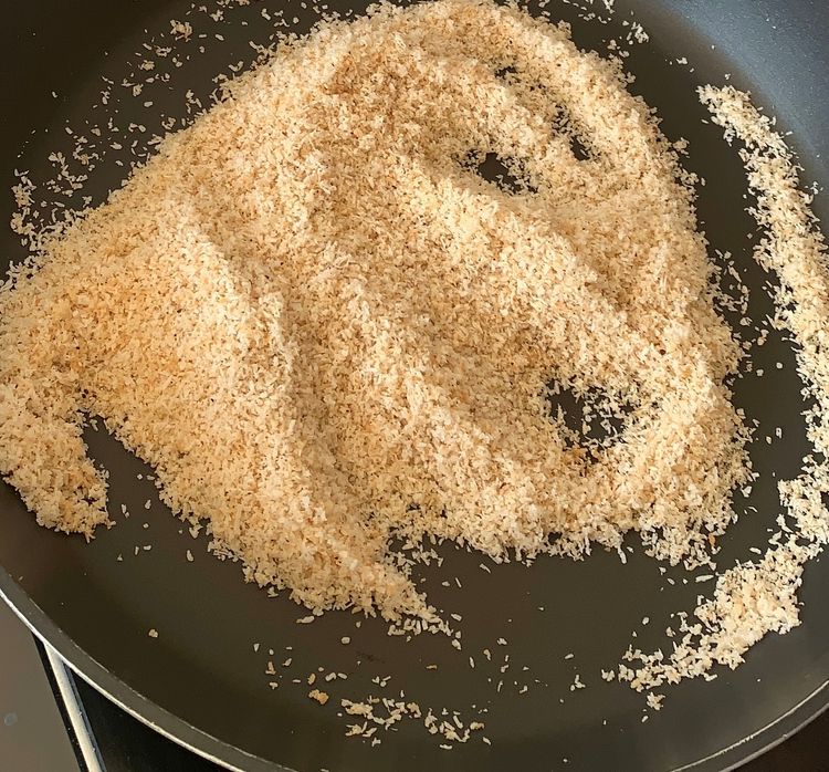 Step 1.3: Dry roast desiccated coconut, cardamom powder and cinnamon powder in a pan over low-medium heat