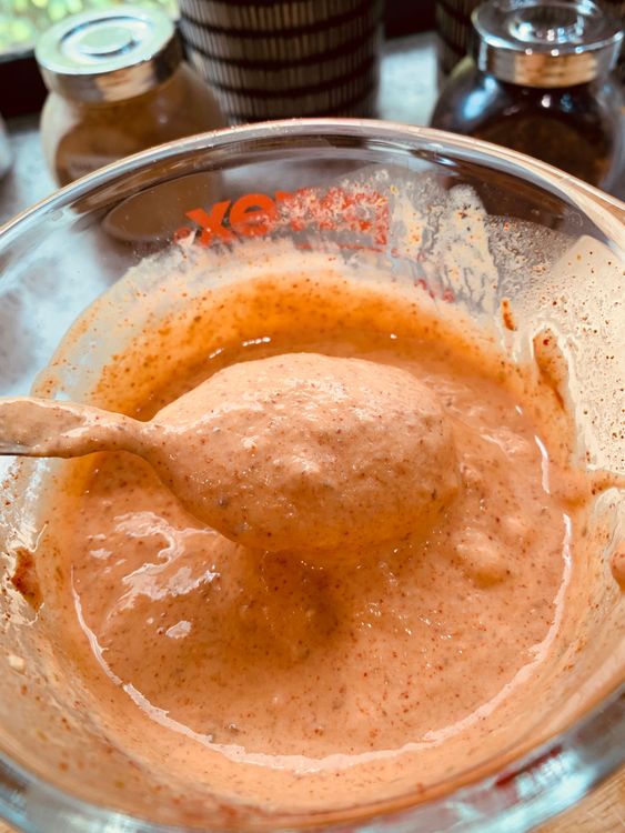 Step 1.1: In a bowl, mix curd with ginger-garlic paste, Kashmiri chilli powder, coriander powder, cumin powder, and garam masala powder
