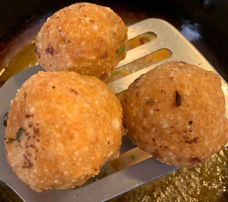 Step 1.1: Use a slotted spoon to flip the bites and continue frying until they turn golden brown and become crispy on all sides